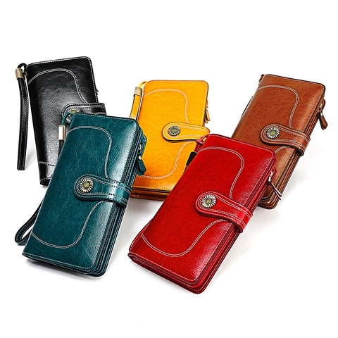 Portafoglio Lungo in Vera Pelle Cerata Vintage per Donna Protezione RFID Grande Capacità Slot Multi Card Pochette con Cinturino