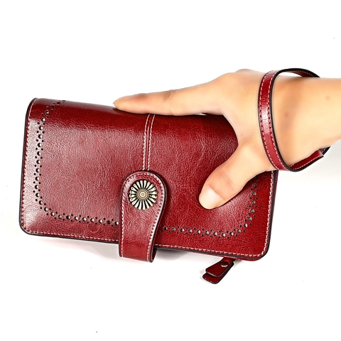 Portafoglio Lungo in Vera Pelle Cerata Vintage per Donna Protezione RFID Grande Capacità Slot Multi Card Pochette con Cinturino