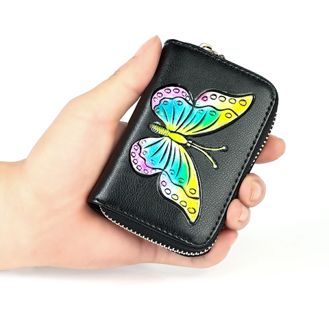 Women's Genuine Cowhide Leather RFID Blocking Card Holder Accordion Style Painted Butterfly Zipper Mini Purse Wallet