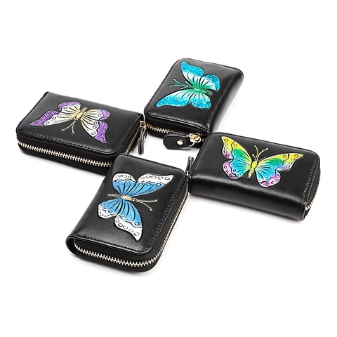 Women's Genuine Cowhide Leather RFID Blocking Card Holder Accordion Style Painted Butterfly Zipper Mini Purse Wallet