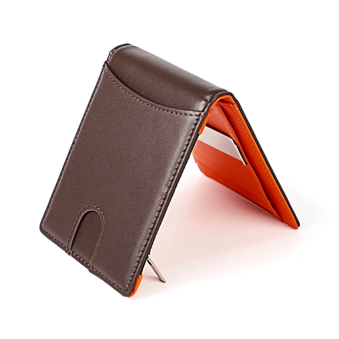 Cartera De Hombre De Cuero Genuino Protección RFID Ultrafina Bifold Clip Para Dinero Bolsillo Con Cremallera Color De Contraste Portatarjetas