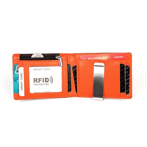 Cartera De Hombre De Cuero Genuino Protección RFID Ultrafina Bifold Clip Para Dinero Bolsillo Con Cremallera Color De Contraste Portatarjetas