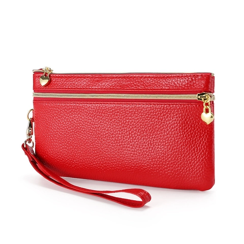 Women's Cowhide Leather Long Coin Purse Double Zipper Wristlet Clutch Litchi Grain Mobile Phone Bag Heart Zipper Pull