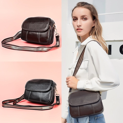 Crossbodytas Voor Dames Van Rundleer Met Kiezeltextuur Contraststiksels En Gestreepte Schouderband