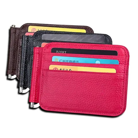 Portacarte con Fermasoldi in Vera Pelle di Vacchetta Protezione RFID Sottile Portafoglio Minimalista per Uomo Donna Business