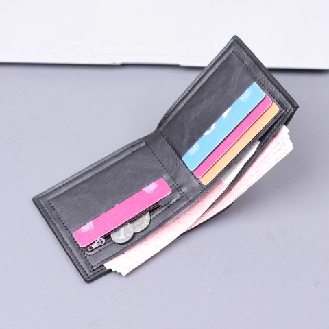 Men's Vintage Bifold Wallet PU Leather Lychee Pattern Short Cash Pocket Multi Card Slot Business Casual Purse