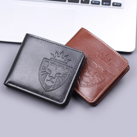 Portefeuille Court Homme en Cuir PU Vintage Texture Litchi Gaufrage Lion Bouclier Porte-cartes de Crédit pour Usage Quotidien