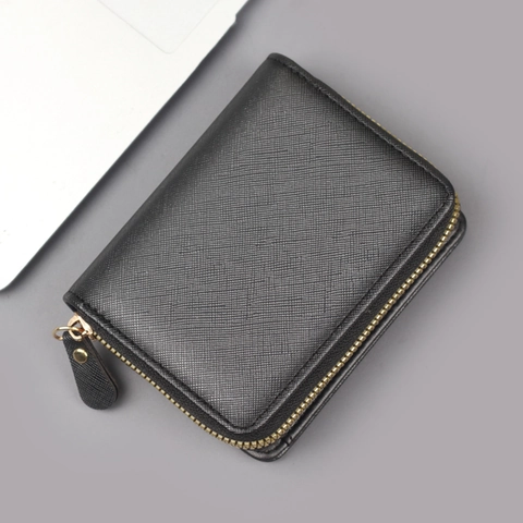 Portefeuille Vertical Court en Cuir PU pour Hommes Texture Saffiano Fermeture Éclair Multi Emplacements pour Cartes Mode Business