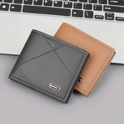 Cartera Corta Para Hombre Bifold Cuero PU Costuras En Contraste Relieve Geométrico Ranuras Tarjetas Decoración Metal Estilo Business