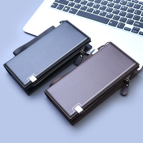 Portafoglio Lungo in Pelle PU da Uomo Business Pochette con Cerniera Grande Capacità con Cinturino da Polso Organizer Multifunzionale per Telefono