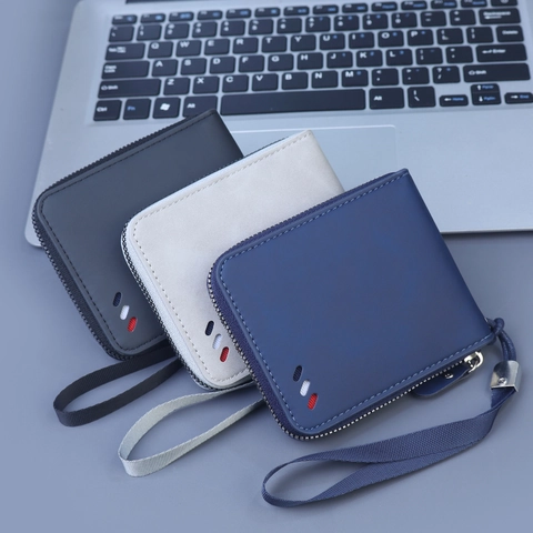 Mens Short Zipper Wallet Matte PU Leather Multi Card Slots Retro Business Purse With Wrist Strap Decorative Stripe