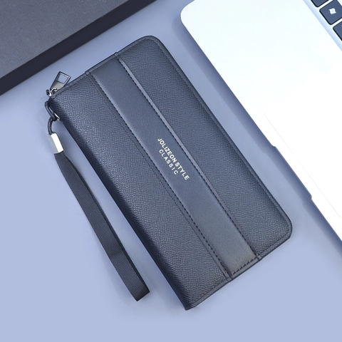 Portafoglio Lungo da Uomo Business in Pelle PU Motivo Lychee Pochette con Cerniera Slot Multi-Card Tasca per Cellulare con Cinturino da Polso