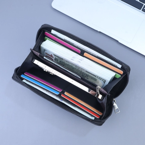 Portafoglio Lungo da Uomo Business in Pelle PU Motivo Lychee Pochette con Cerniera Slot Multi-Card Tasca per Cellulare con Cinturino da Polso