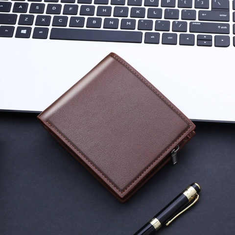 Cartera Corta Para Hombre Plegable Cuero PU Textura Litchi Bolsillo Con Cremallera Ranuras Para Tarjetas Estilo Negocios