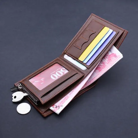 Cartera Corta Para Hombre Plegable Cuero PU Textura Litchi Bolsillo Con Cremallera Ranuras Para Tarjetas Estilo Negocios