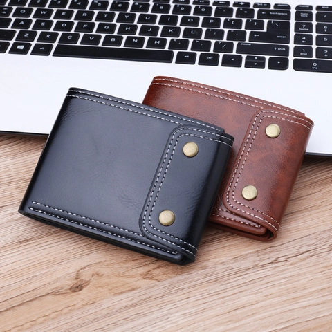 Cartera de Hombre Vintage de Cuero PU Corta Bifold Con Bolsillo de Cremallera Costuras en Contraste Botones de Presión