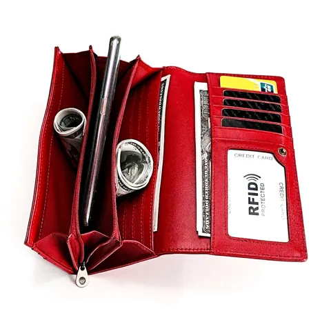Damen RFID Schutz Echtes Leder Langbörse Große Kapazität Clutch Tasche Mit Rosen Metallabzeichen Multi Kartenfächer Handyfach