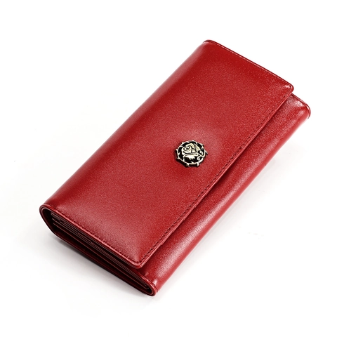 Damen RFID Schutz Echtes Leder Langbörse Große Kapazität Clutch Tasche Mit Rosen Metallabzeichen Multi Kartenfächer Handyfach