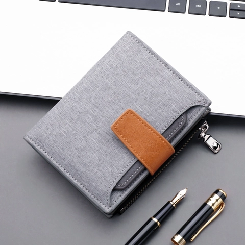 Men's Short Canvas Wallet Business Casual Card Holder With Zipper Pocket Button Strap Driver License Wallet Purse
