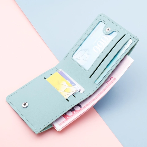 Minimalist PU Leather Women Short Wallet Ultra Thin Folding Coin Purse With Card Slots Zipper Photo Window Snap Closure Fashion Litchi Pattern Finger Wallet