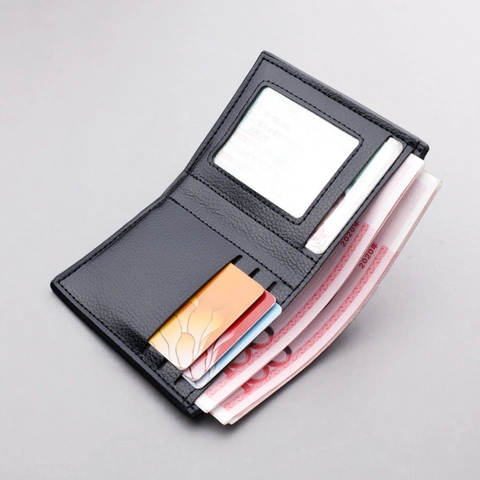 Portafoglio Uomo Pelle PU Motivo Litchi Ultra Sottile Corto Porta Carte Finestra ID Business Minimalista