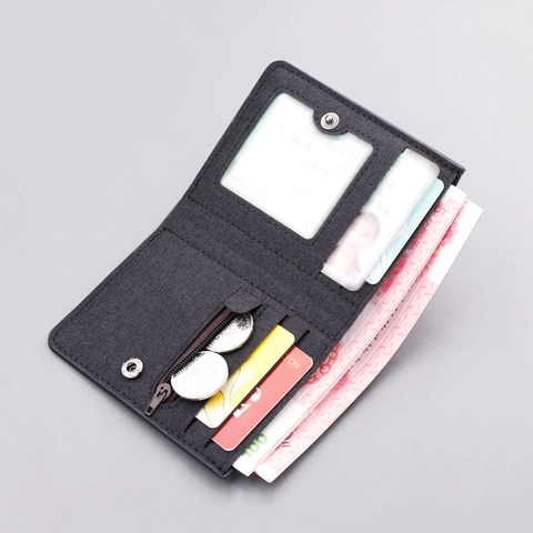 Minimalist Men Vertical Canvas Wallet Ultra Thin Bifold Purse With Zipper Coin Pocket Photo Window Business Card Holder