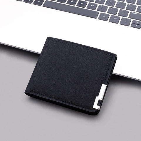 Men's Minimalist Canvas Slim Bi-fold Wallet Metal Corner Trim Ultra Light Business Casual Short Purse For Cash Cards