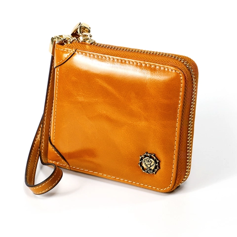 Cartera de Cuero Genuino para Mujer Bloqueo RFID Vintage Corta con Cremallera Monedero con Emblema de Flor