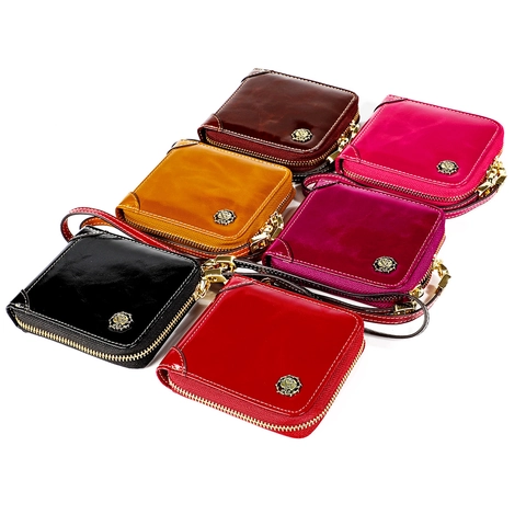 Cartera de Cuero Genuino para Mujer Bloqueo RFID Vintage Corta con Cremallera Monedero con Emblema de Flor