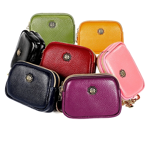 Mini Cowhide Leather Coin Purse Double Zipper Lychee Pattern Rose Metal Logo Keychain Ring Small Wallet Women