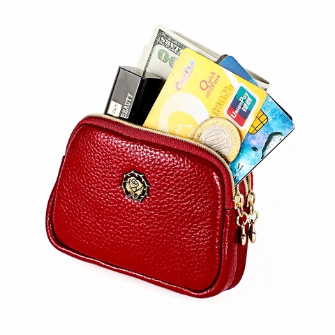 Mini Cowhide Leather Coin Purse Double Zipper Lychee Pattern Rose Metal Logo Keychain Ring Small Wallet Women