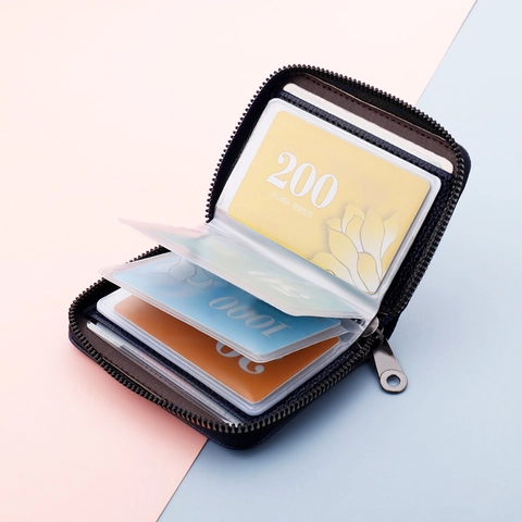 Porte-cartes en Cuir PU à Texture Litchi Avec Fermeture Éclair Multi-emplacements pour Hommes Femmes Organisateur de Cartes de Crédit Mince
