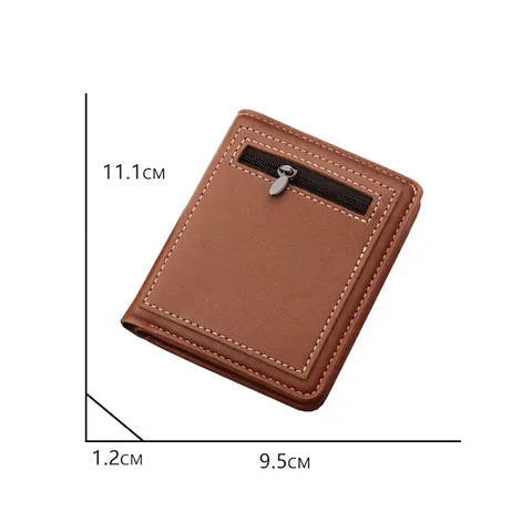 Cartera Corta Vertical Para Hombre Cuero PU Bifold Portatarjetas Bolsillo Exterior Con Cremallera Costuras En Contraste
