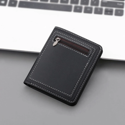 Cartera Corta Vertical Para Hombre Cuero PU Bifold Portatarjetas Bolsillo Exterior Con Cremallera Costuras En Contraste