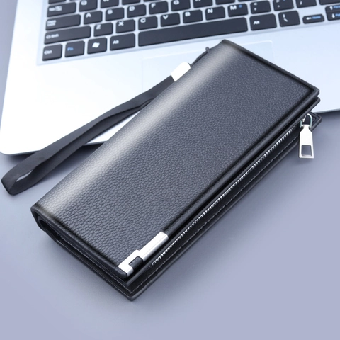 Cartera Larga Para Hombre Cuero PU Grano Lichi Bolso De Mano Con Cremallera Múltiples Ranuras Tarjetas Bolsillo Teléfono