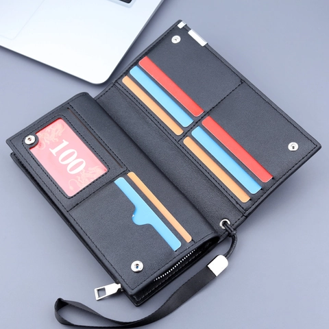 Cartera Larga Para Hombre Cuero PU Grano Lichi Bolso De Mano Con Cremallera Múltiples Ranuras Tarjetas Bolsillo Teléfono