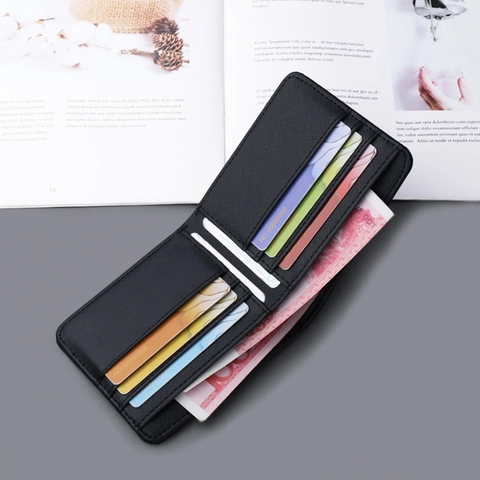 Herren Schlanke Bifold Brieftasche Kreuzmaserung PU Leder Business Kurze Geldbörse Minimalistisch Horizontal