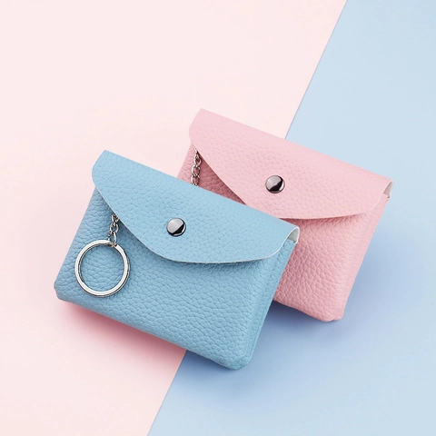 Women Mini Coin Purse PU Leather Litchi Pattern Small Wallet With Keychain Snap Closure Zipper Pocket Card Holder For Daily Use