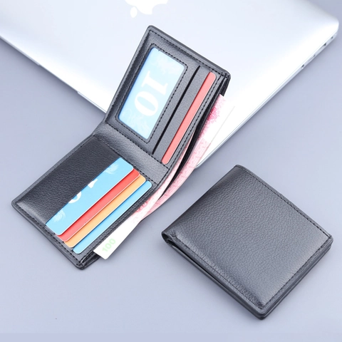 Portafoglio Corto da Uomo Pieghevole in Due Pelle PU Motivo Litchi Porta Carte Business Minimalista Borsellino Orizzontale Uomo