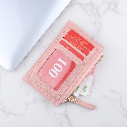 Porte-cartes en Cuir PU à Motif Crocodile pour Femmes Portefeuille Multiples Emplacements Fermeture Éclair Porte-monnaie Fenêtre ID Pochette Minimaliste Mince