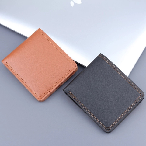 Portafoglio da Uomo Orizzontale Bifold in Pelle PU Minimalista Sottile Business Con Cuciture a Contrasto e Slot per Carte