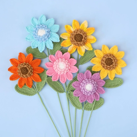 Handmade Crochet Knitted Flowers Sunflower Cosmos Woolen Yarn Artificial Eternal Flower Bouquet For Home Decor Gift