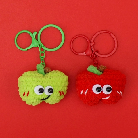 Handgemaakte Gehaakte Appel Sleutelhanger Schattige Gebreide Fruit Tas Hanger Met Grote Ogen Smiley Cadeau Accessoire