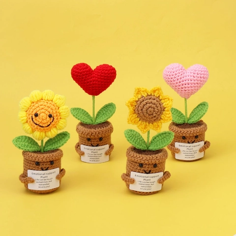 Handgestrickte Emotionale Unterstützung Pflanze Sonnenblume Herz Topfpflanze Schreibtisch Ornament Geschenk Für Büro Deko