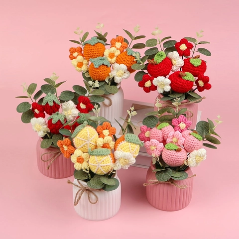 Handmade Crochet Potted Fruit Flower Knitted Yarn Strawberry Apple Peach Ceramic Vase Desktop Decor Artificial Plant