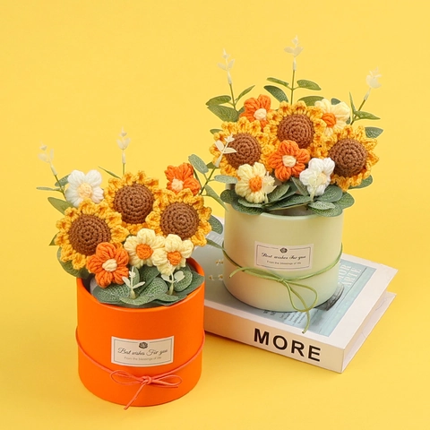 Handmade Crochet Sunflower Potted Plant Artificial Knitted Flower Bouquet In Gift Box For Home Office Table Decor Birthday Gift