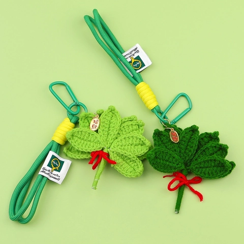 Handgefertigter Gehäkelter Grüner Blatt Schlüsselanhänger Pomelo Blatt Tasche Charme Glück Segen Metall Tag Geflochtenes Seil