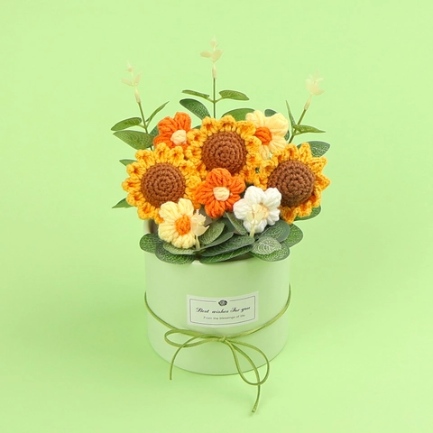 Handmade Crochet Sunflower Potted Plant Artificial Knitted Flower Bouquet In Gift Box For Home Office Table Decor Birthday Gift