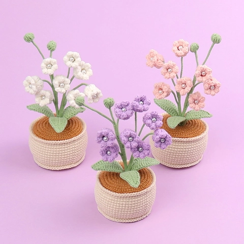 Handmade Crochet Woolen Yarn Lily Of The Valley Potted Plant With Faux Artificial Pearl Artificial Flower Home Office Desk Decor Gift