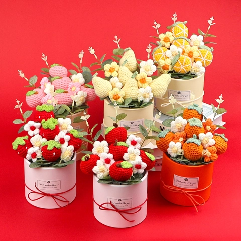 Handmade Crochet Knitted Fruit Flower Potted Plants Yarn Wool Artificial Strawberry Apple Desktop Decor Gift Box Novelty